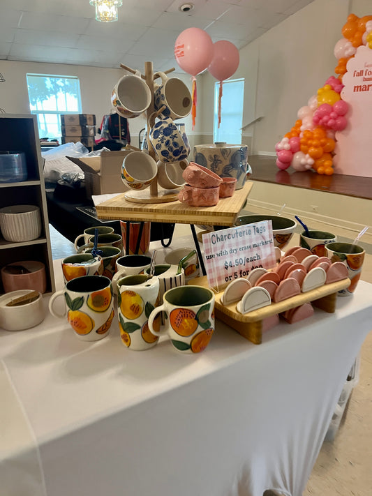 Handmade pottery items displayed for sale.