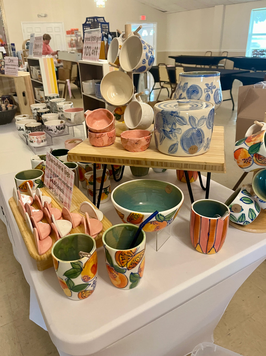 Handmade pottery items displayed for sale. 